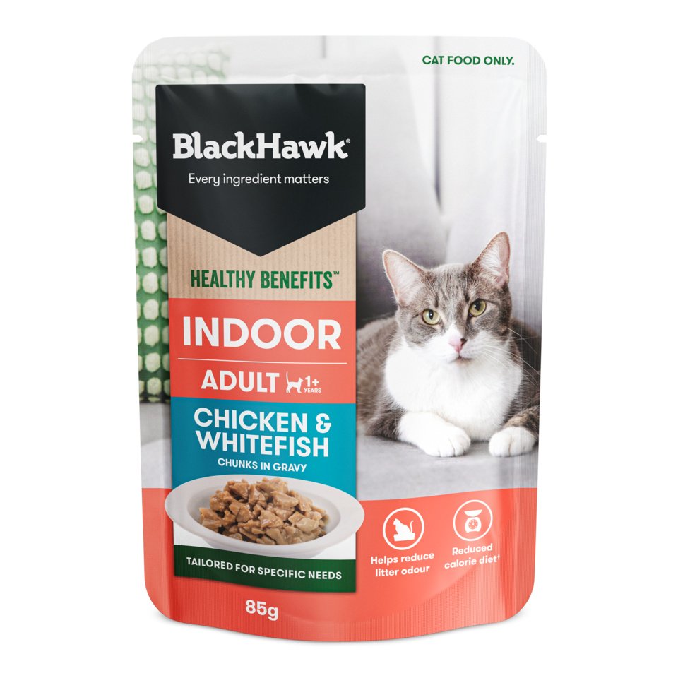 Black Hawk Pouches – Adult Cat – Healthy Benefits Indoor Chicken & Whitefish in Gravy