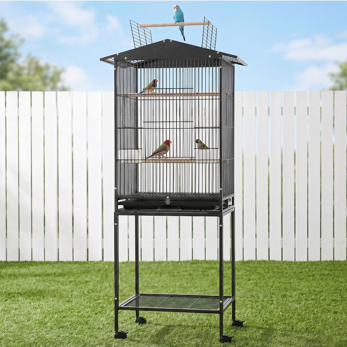 i.Pet 136cm Bird Cage Aviary Open Top Parrot Budgie Stand Wheels Black