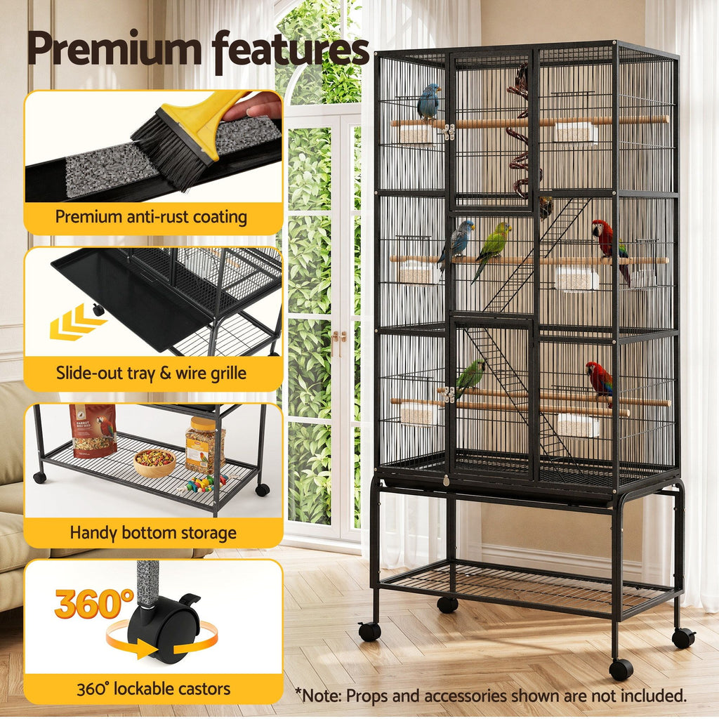 i.Pet 176cm 3-Tier Bird Cage with Stand & Wheels – Black