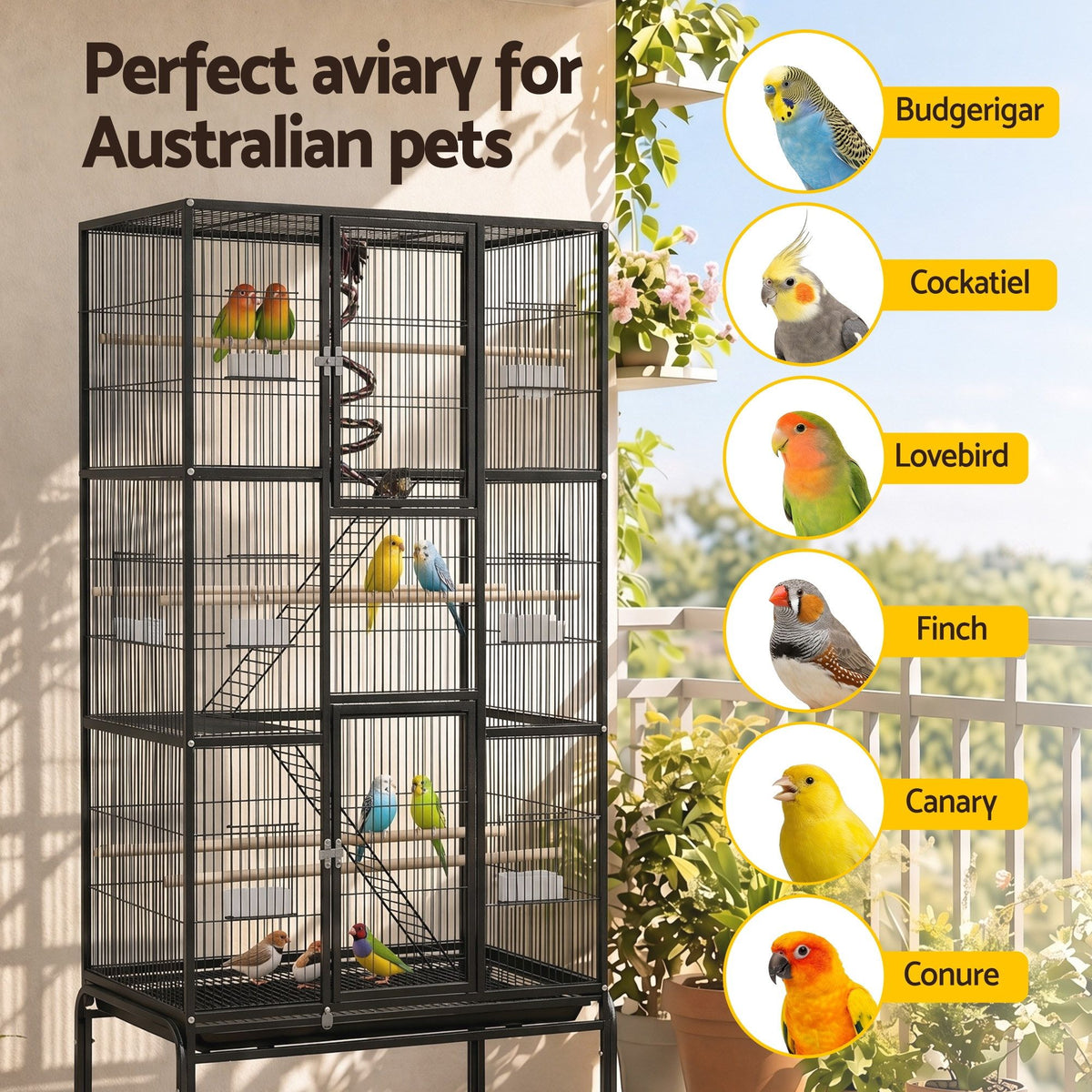 i.Pet 176cm 3-Tier Bird Cage with Stand & Wheels – Black