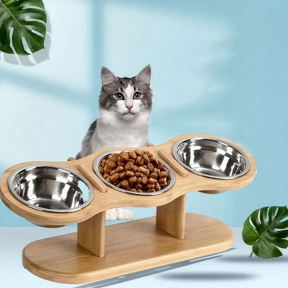 Elevated Cat Feeding Station with 3 Stainless Steel Bowls