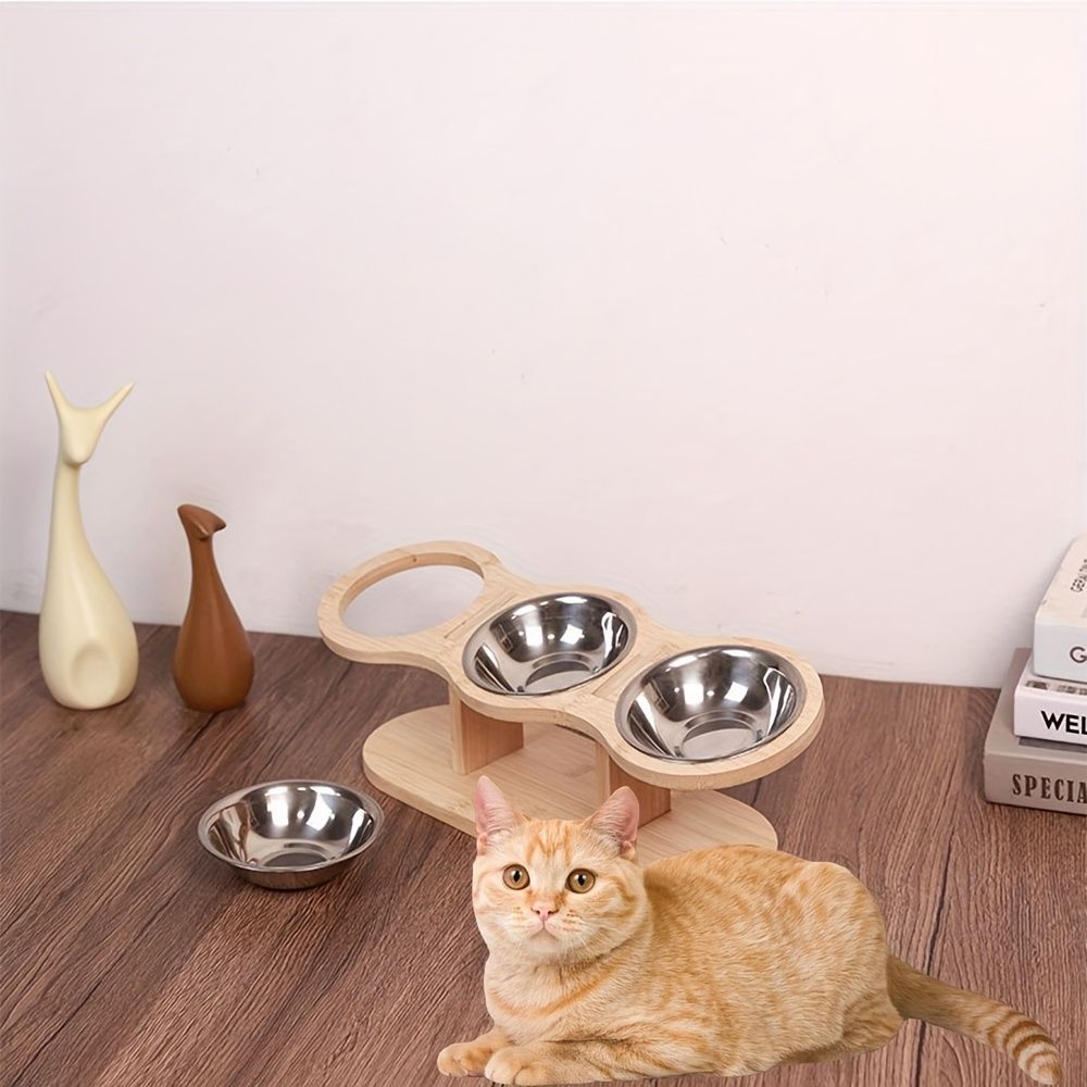 Elevated Cat Feeding Station with 3 Stainless Steel Bowls
