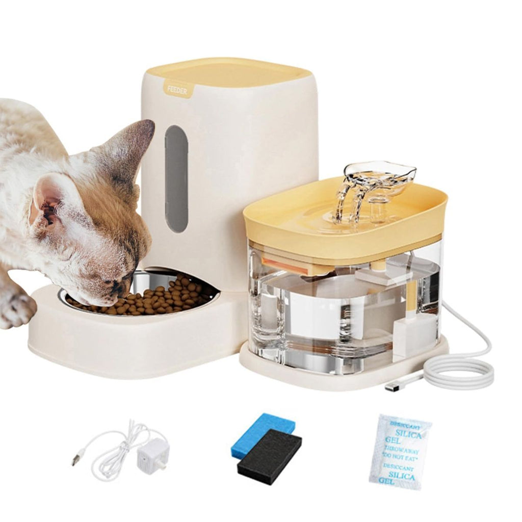 Automatic Cat Feeder and Water 2-in-1 Pet Automatic Fountain Food Bowl Spill-Proof Cat Waterer for Indoor Outdoor Home Vacation Balcony Living Room Bedroom - Yellow - Size Feeder and Waterer
