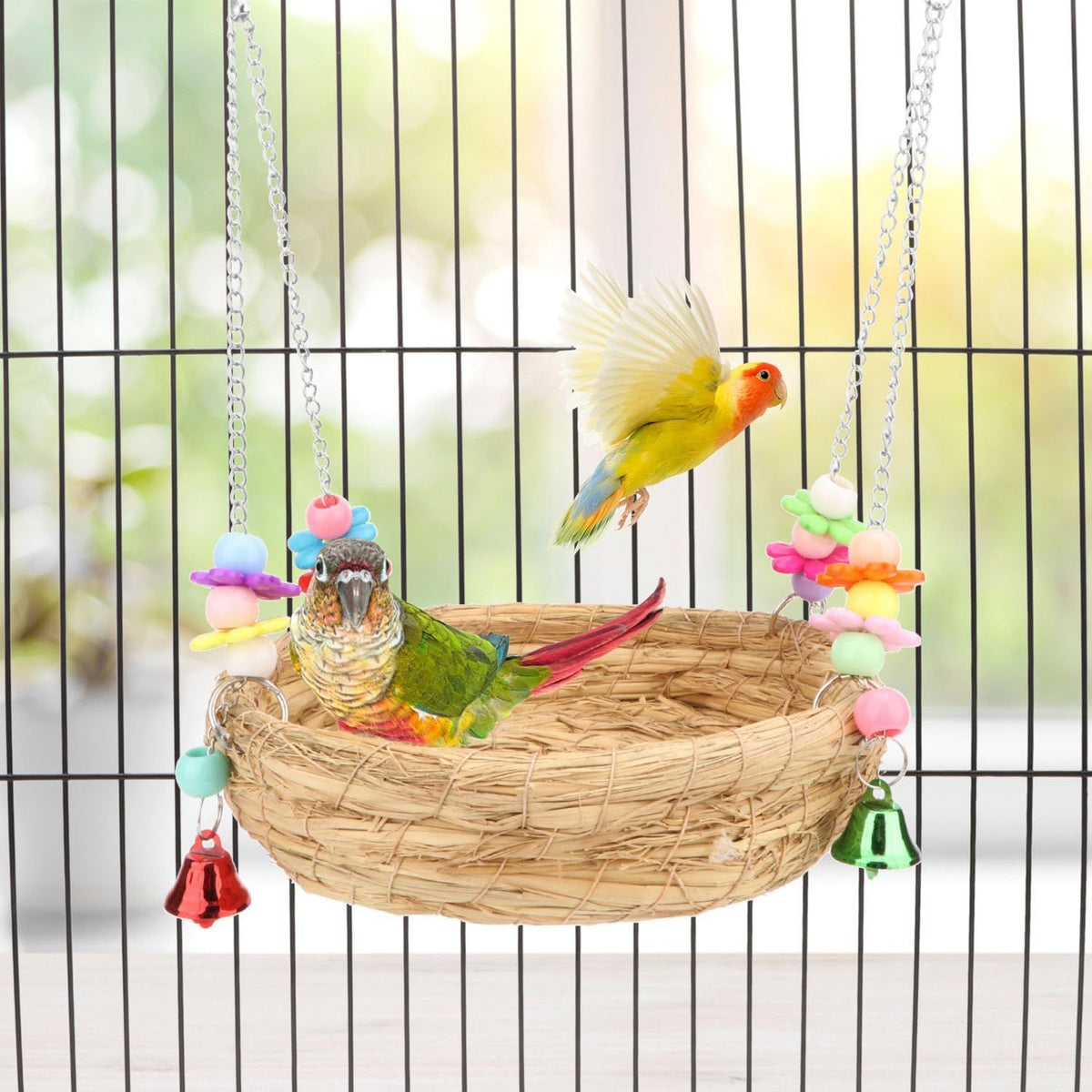 Woven Straw Bird Swing and Nest with Bell