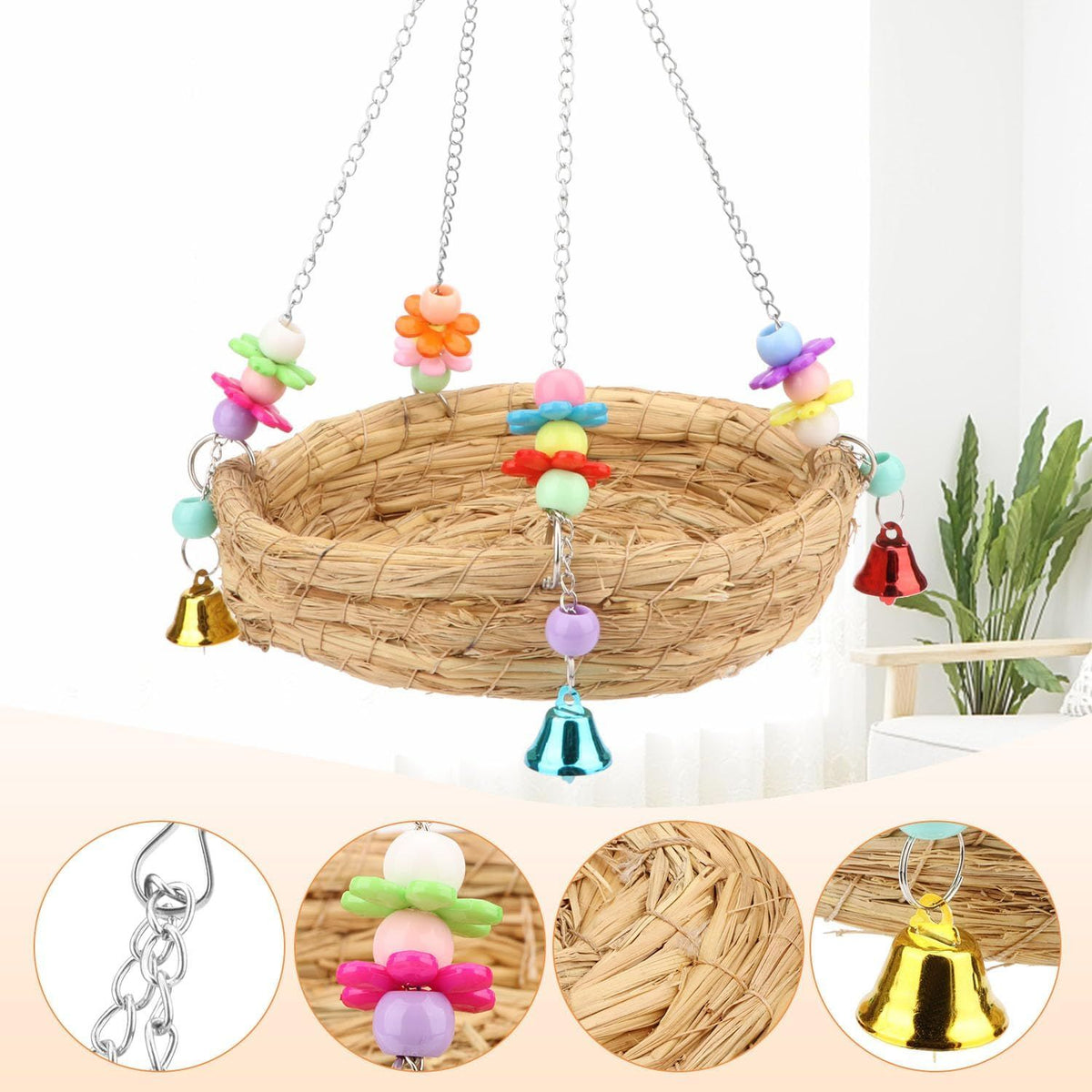 Woven Straw Bird Swing and Nest with Bell