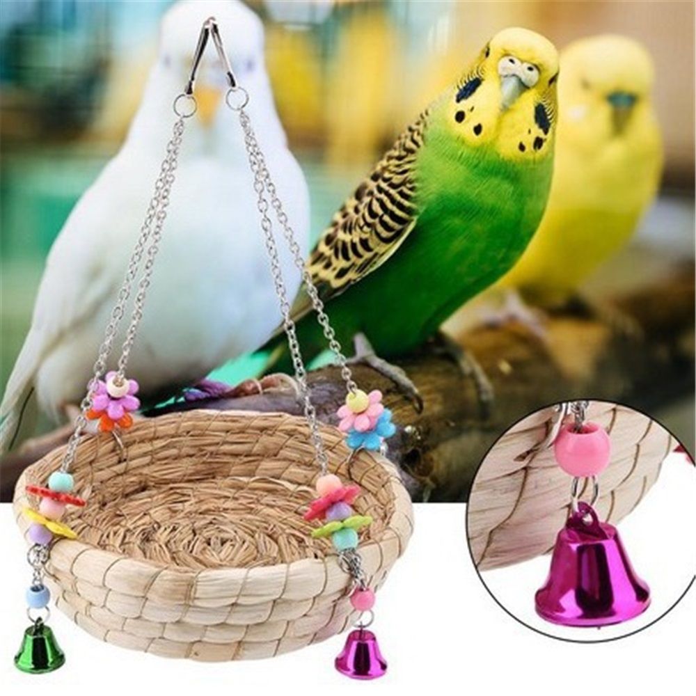 Woven Straw Bird Swing and Nest with Bell