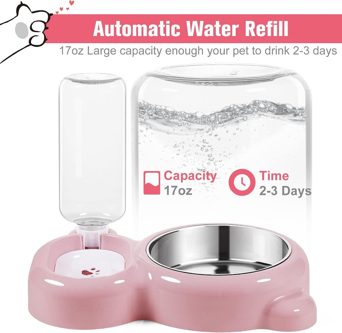 2-in-1 Cat Food Bowl and Water Dispenser – Pink