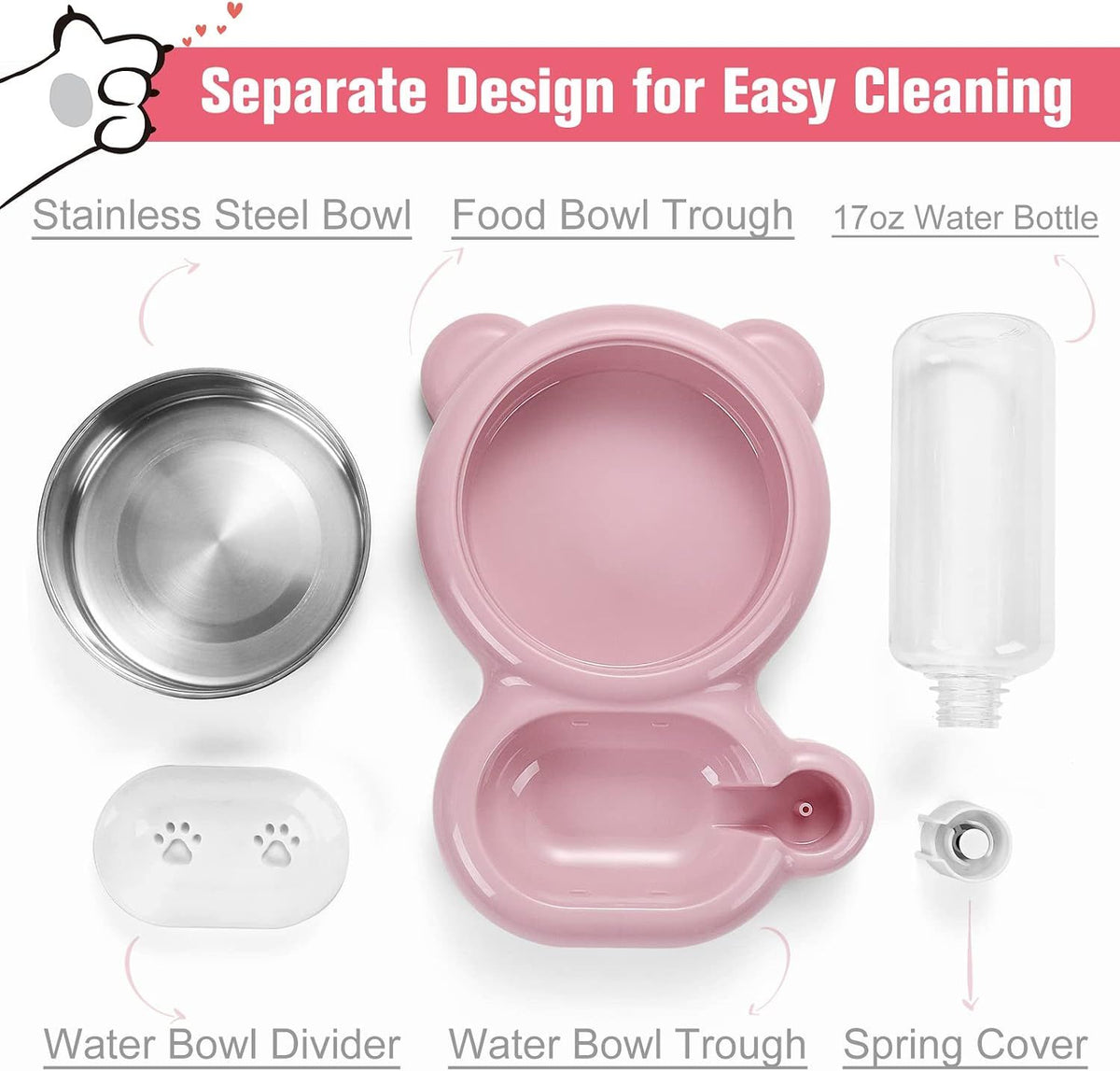 2-in-1 Cat Food Bowl and Water Dispenser – Pink