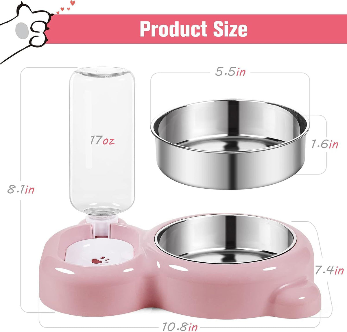 2-in-1 Cat Food Bowl and Water Dispenser – Pink