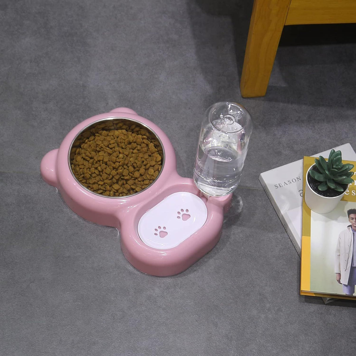 2-in-1 Cat Food Bowl and Water Dispenser – Pink