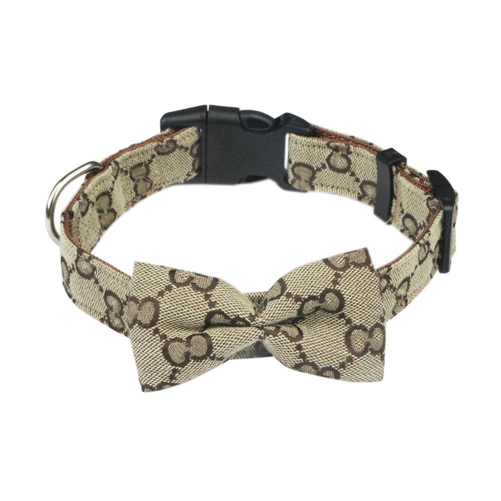 Khaki Dog Collar with Bow Tie – Medium