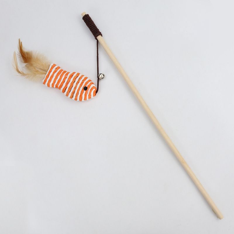 Wooden Cat Teaser Wand with Feather Fish