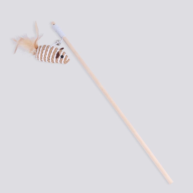 Wooden Cat Teaser Wand with Feather Mouse