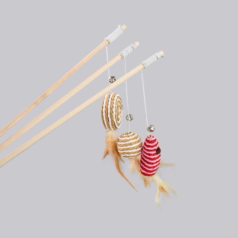 Wooden Cat Teaser Wand with Feather Mouse