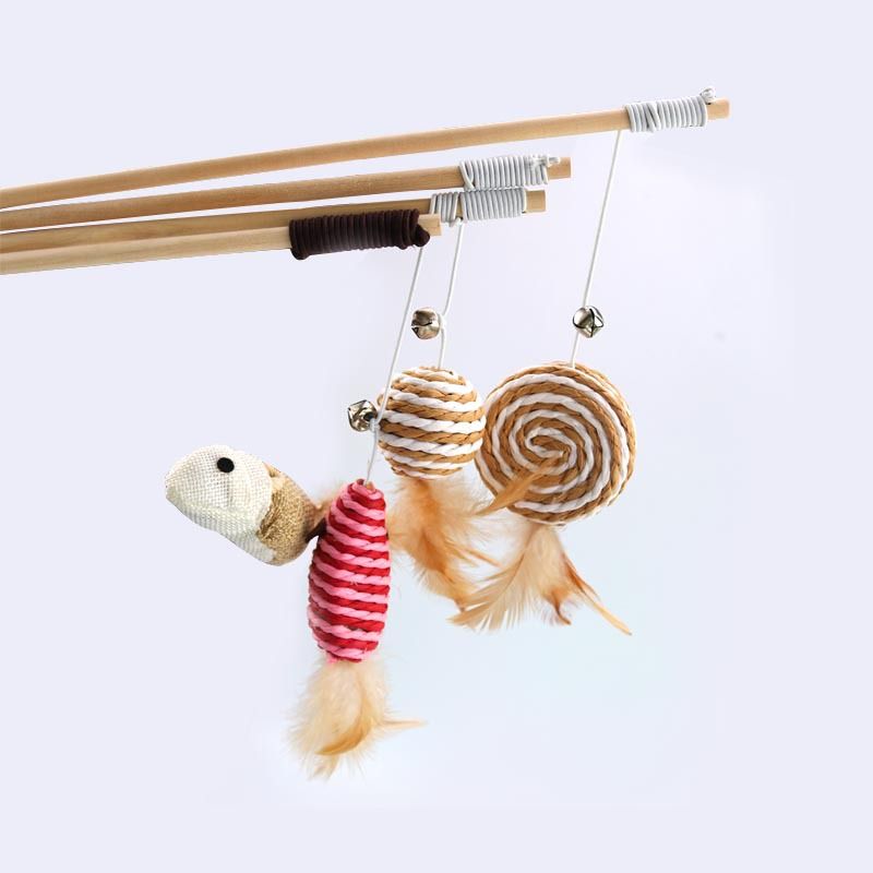 Wooden Cat Teaser Wand with Feather Mouse