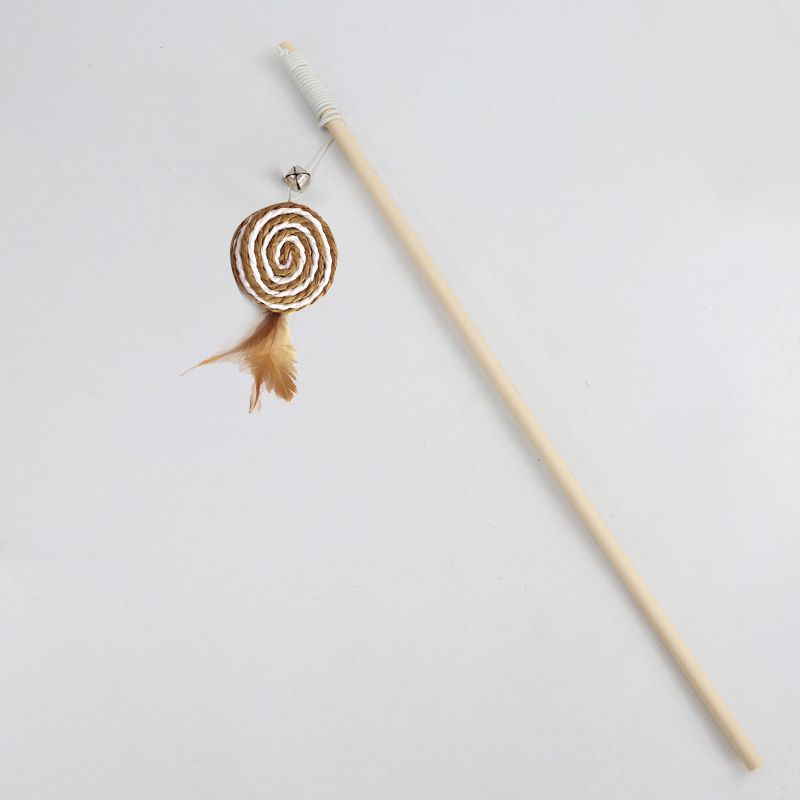Wooden Cat Teaser Wand with Round Feather Toy
