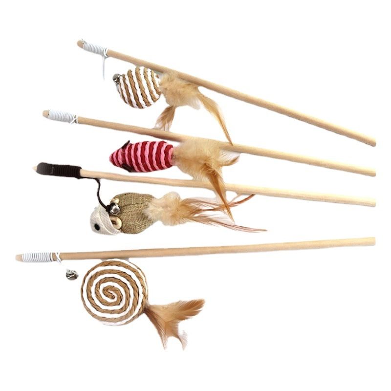 Wooden Cat Teaser Wand with Feather Ball