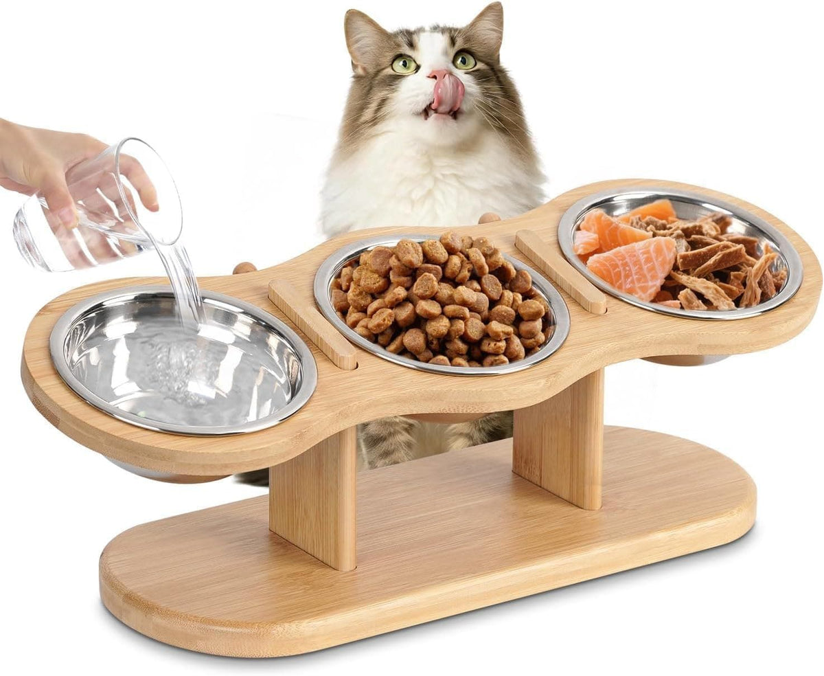 Elevated Cat Feeding Station with 3 Stainless Steel Bowls