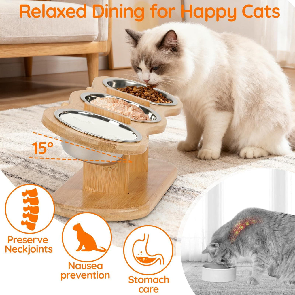 Elevated Cat Feeding Station with 3 Stainless Steel Bowls