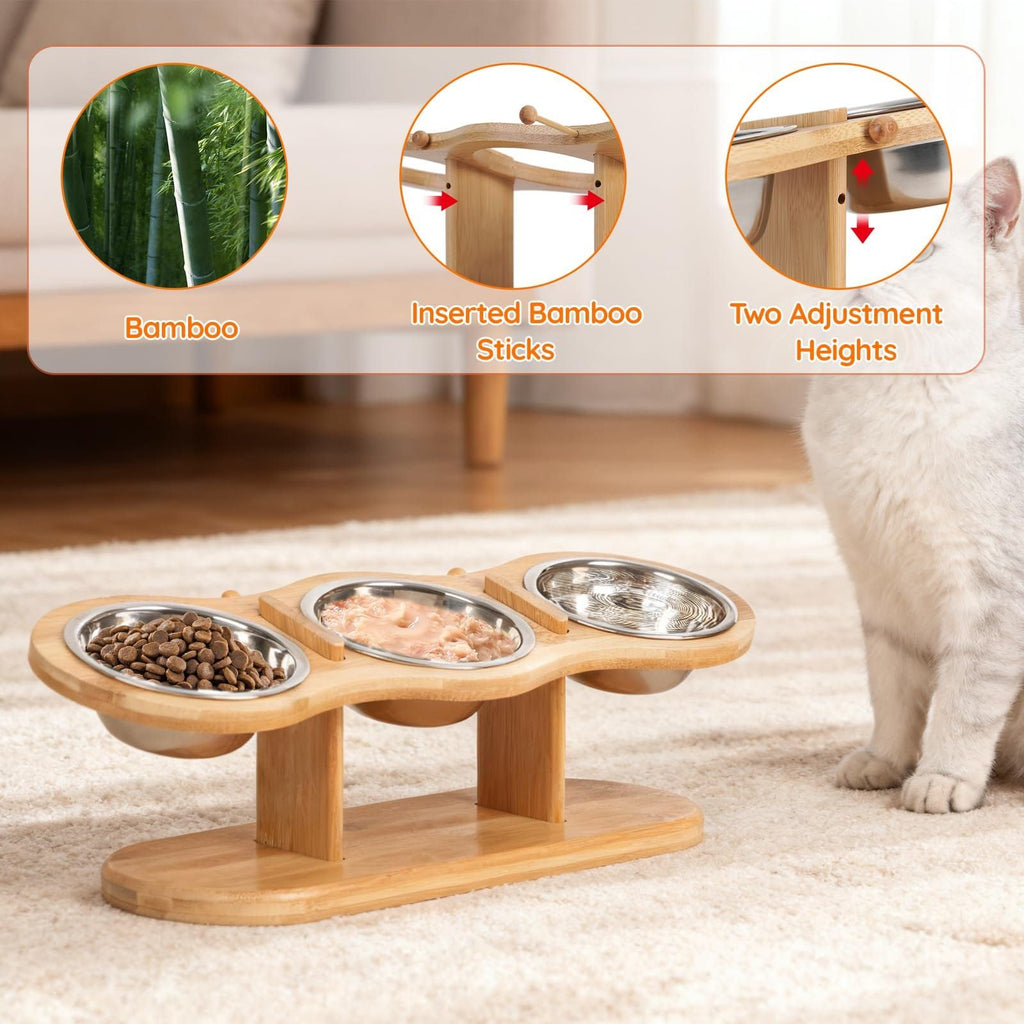 Elevated Cat Feeding Station with 3 Stainless Steel Bowls