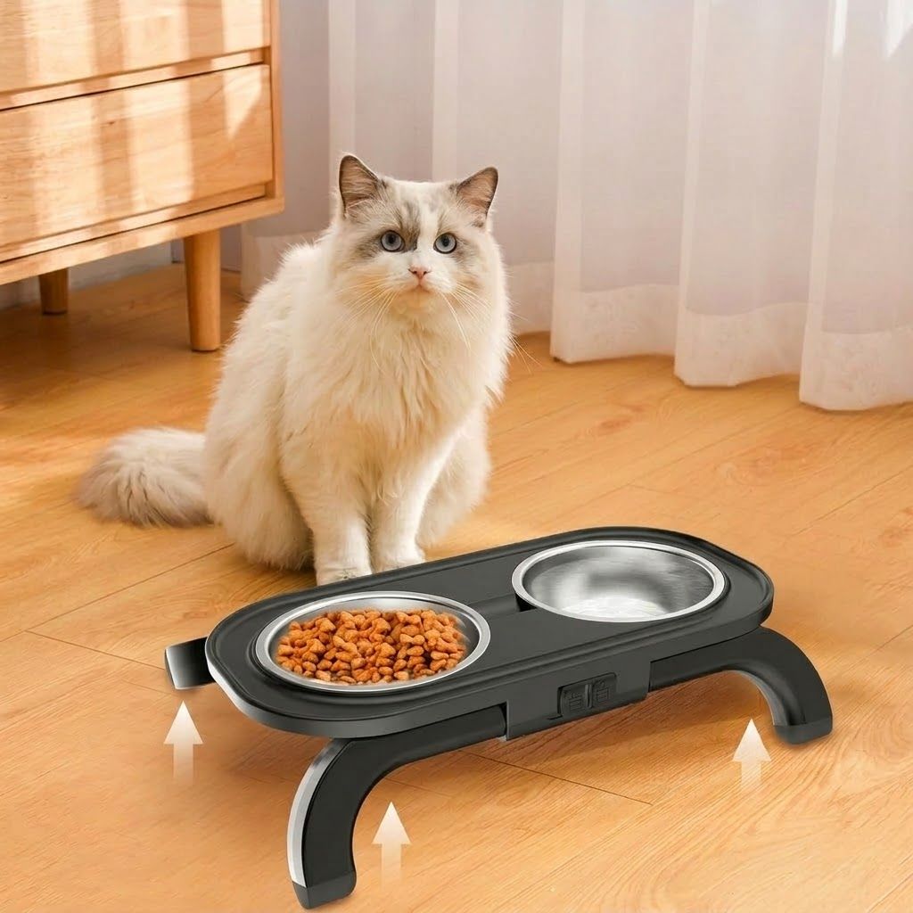 Adjustable Double Pet Bowl Stand – White