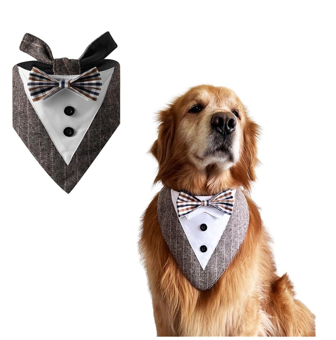 Dog Wedding Bandana Collar with Bow Tie, Adjustable Dog Tux Formal Dog Costumes for Medium Large Dogs Brown