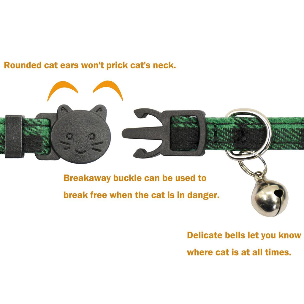 Lapel Cat Collar Breakaway with Bell, Plaid Turndown Collar Cat Collar for Kittens Adjustable 9-11in (2pcs Green&Light Blue)
