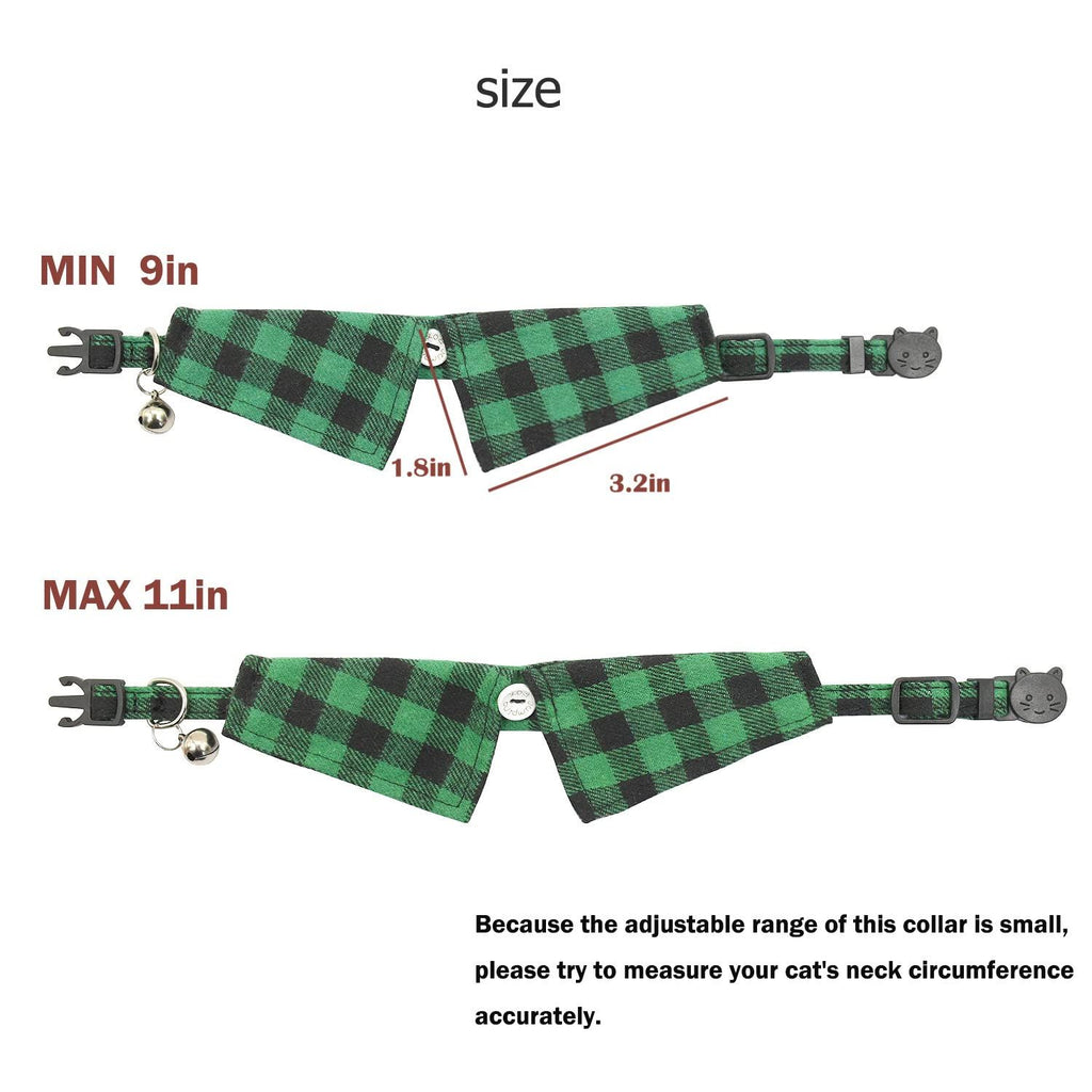 Lapel Cat Collar Breakaway with Bell, Plaid Turndown Collar Cat Collar for Kittens Adjustable 9-11in (2pcs Green&Light Blue)