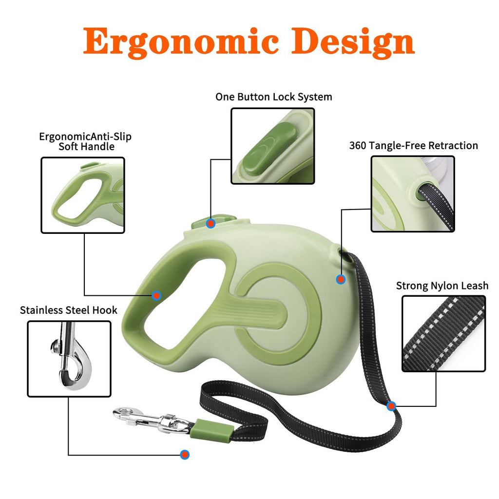 16ft Retractable Dog Leash – Green