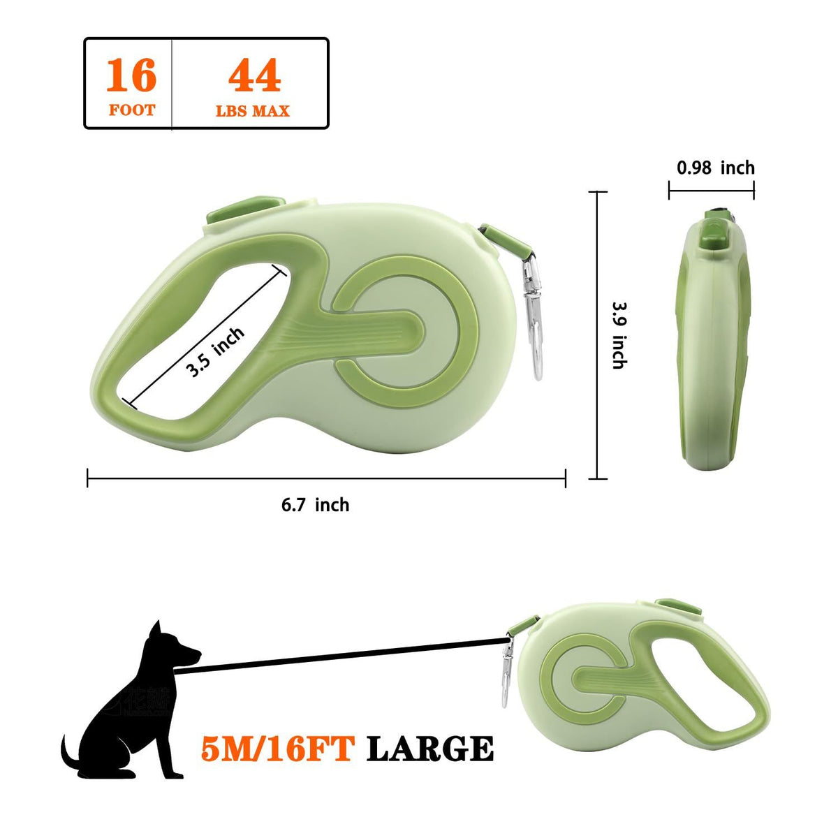 16ft Retractable Dog Leash – Green