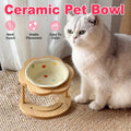 Ceramic Pet Food Bowl with Non-Slip Wooden Base