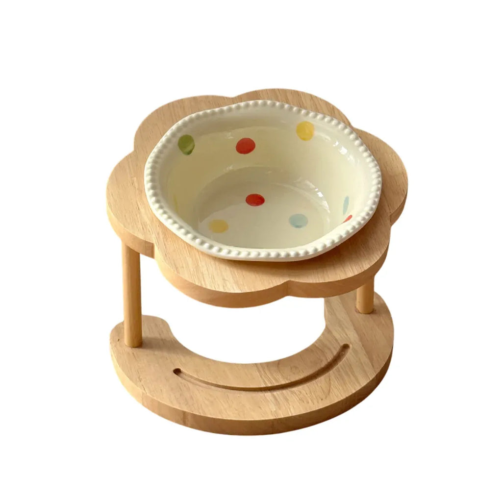 Ceramic Pet Food Bowl with Non-Slip Wooden Base