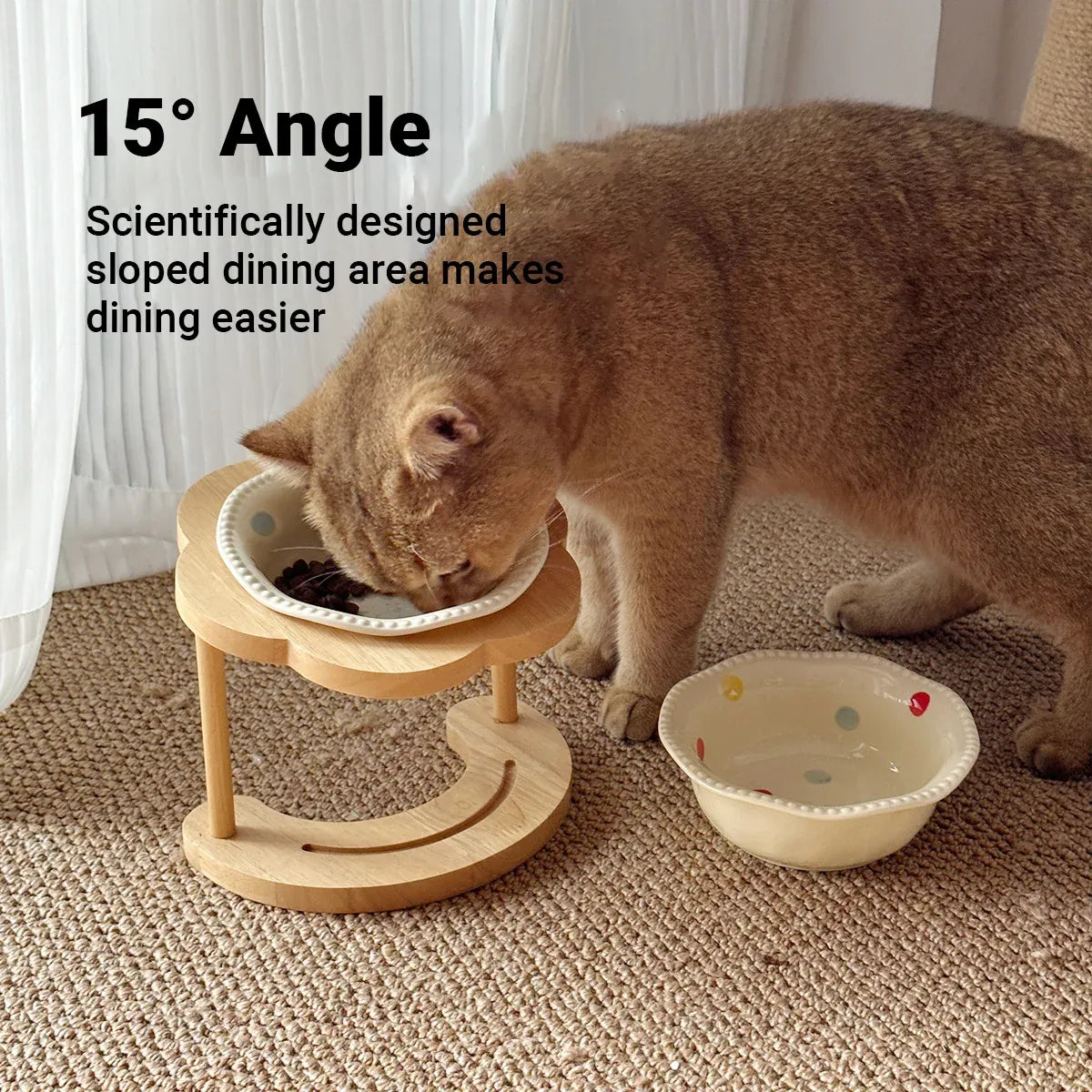 Ceramic Pet Food Bowl with Non-Slip Wooden Base
