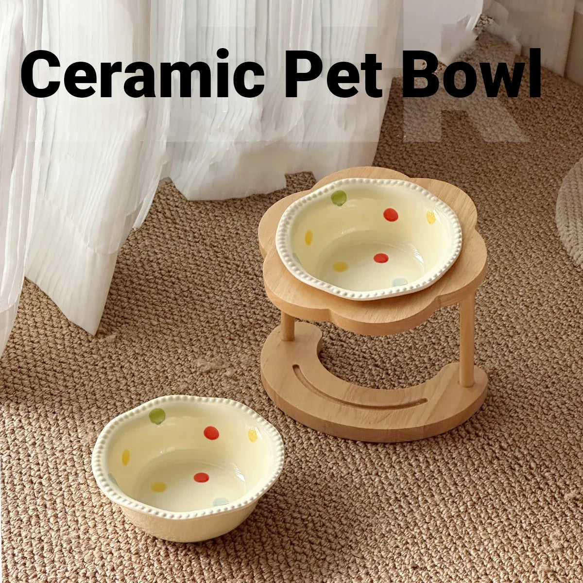 Ceramic Pet Food Bowl with Non-Slip Wooden Base