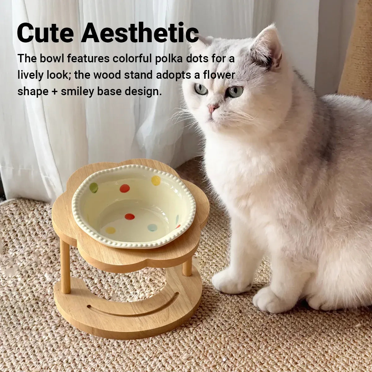 Ceramic Pet Food Bowl with Non-Slip Wooden Base