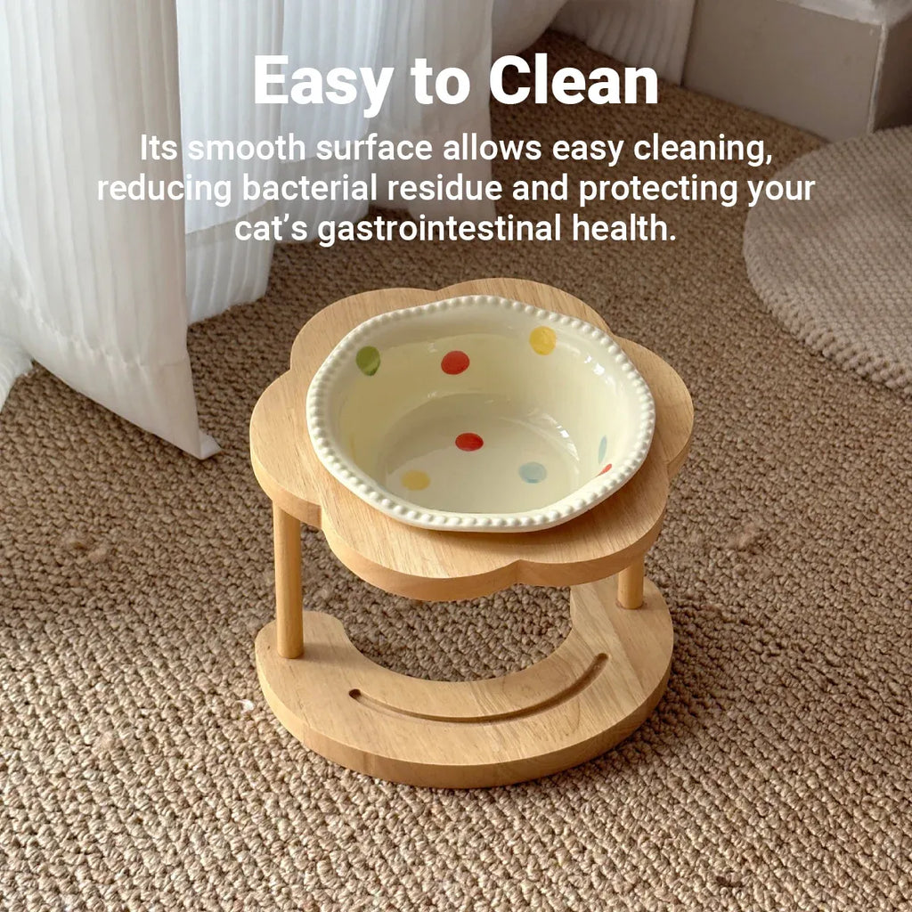 Ceramic Pet Food Bowl with Non-Slip Wooden Base