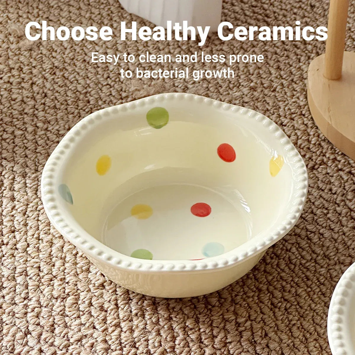 Ceramic Pet Food Bowl with Non-Slip Wooden Base