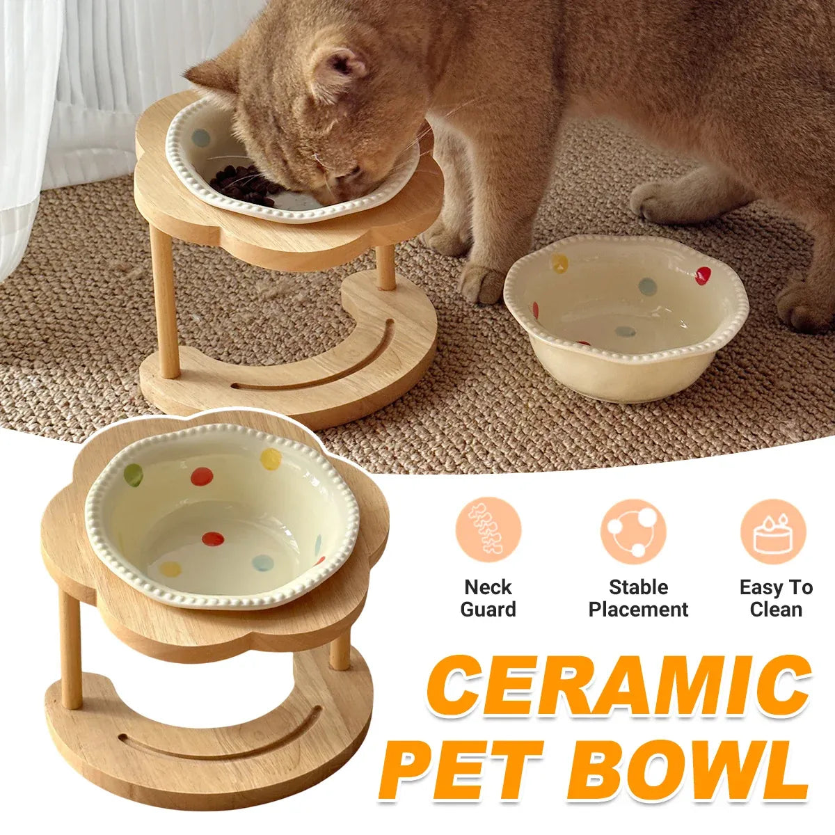 Ceramic Pet Food Bowl with Non-Slip Wooden Base