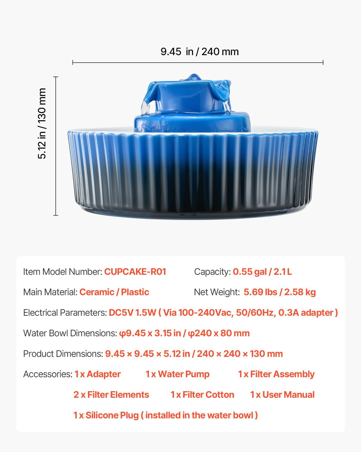 2.1L Cupcake Ceramic Cat Water Fountain
