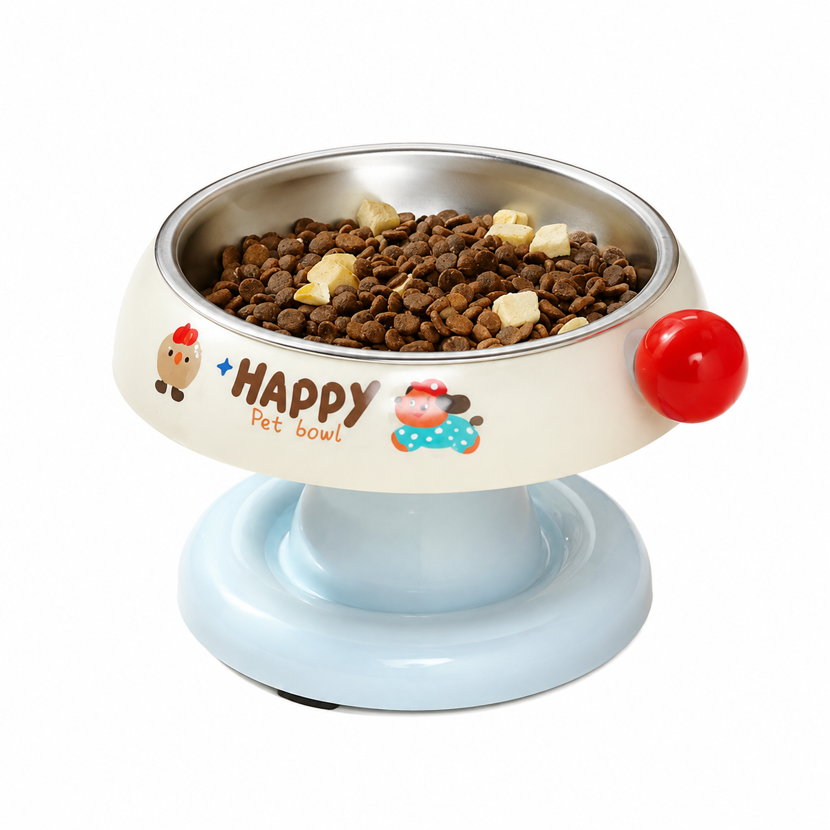 Elevated Pet Bowl with Stainless Steel Insert – White & Blue