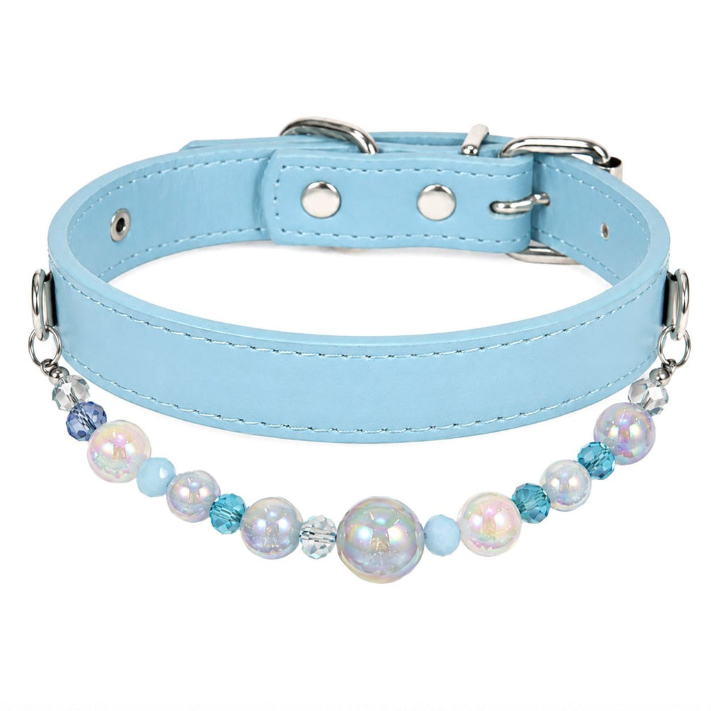 Detachable Beaded Dog Collar - Sky Blue Microfiber PU Leather, Zinc Alloy Hardware, Adjustable L Size 28-36cm Neck, 2cm Wide Decorative Pet Collar for Dog
