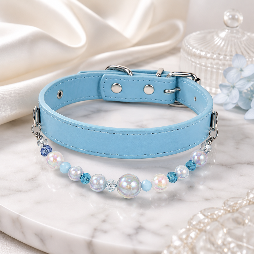 Detachable Beaded Dog Collar - Sky Blue Microfiber PU Leather, Zinc Alloy Hardware, Adjustable L Size 28-36cm Neck, 2cm Wide Decorative Pet Collar for Dog